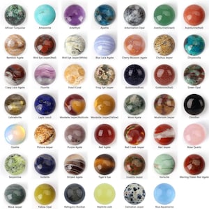 Può includere: Una collezione di 36 cabochon rotondi di pietre preziose, ognuno con un colore e un motivo unici. Le pietre sono disposte in una griglia, con i nomi di ogni pietra elencati sotto.