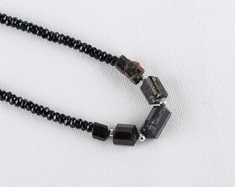 New Arrival! Natural Black Onyx Beads Gemstone Necklace, Yellow Tourmaline Gemstone Pendant, 1 Strand, 18.9 inch, 32g-JJ640