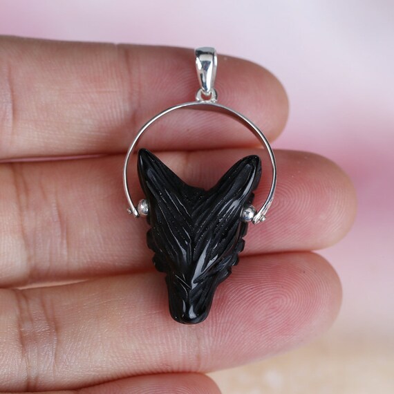 Handmade Jewelry Wolf Head Pendant Obsidian Claw Setting 925