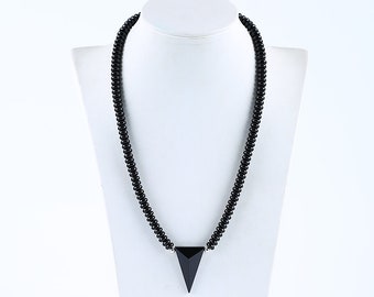 1 Strand Obsidian Gemstone With Silver Beads Necklace, Triangle Shape Pendant, 32x20x8mm, 16.5 inch, 29.6g-JJ639