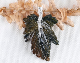 New Arrival! Natural Gemstone Ocean Jasper Handcarved Leaf Pendant, 925 Sterling Silver Pinch Bail, 45x28x6mm, 7.7g - BTF226