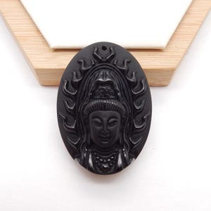 Collier tête de bouddha en obsidienne sculptée, pierres précieuses, pendentif, 51 x 36 x 17 mm, 32,4 g-C168