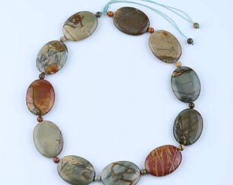 New Arrival! Hand-woven, Multi-Color Picasso jasper Necklace, Adjustable Necklace. 6x6x6mm,40x30x9mm,50-70cm,185g-JJ245