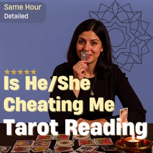 May include: Image of a woman holding a tarot card, with text that reads "Is He/She Cheating Me Tarot Reading." The image includes a table with tarot cards and a lit candle. The background is blue.