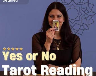 May include: A person holding a tarot card, with the text "Yes or No Tarot Reading" in gold. The image features a table with tarot cards and a lit candle. The text "Same Hour Detailed" is in a light green box, with a blue background.