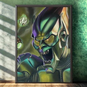 May include: Framed artwork featuring a Green Goblin character illustration. The artwork showcases the villain's face with a menacing expression, rendered in shades of green, purple, and yellow. The image is set against a blurred background with floating orbs.