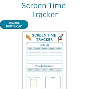 Puede incluir: Seguimiento imprimible del tiempo de pantalla con un registro diario y un resumen semanal. El diseño incluye un gráfico de estrella y cohete. También se incluye el texto "Descarga digital".