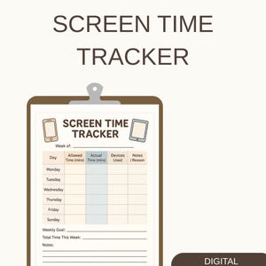 May include: Printable screen time tracker on a clipboard. The design includes a table to track daily screen time, with sections for allowed and actual time, devices used, and notes. The text "Digital Download" is also present.