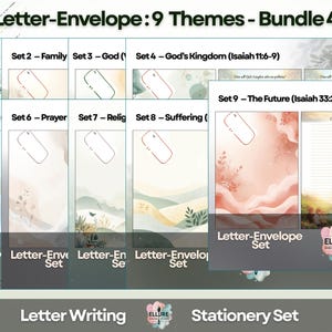 Può includere: Un set di cancelleria con nove modelli di lettere e buste a tema. I temi includono Morte, Famiglia, Dio, il Regno di Dio, Gesù, Preghiera, Religione, Sofferenza e Il Futuro. Il testo "Letter-Envelope: 9 Themes - Bundle 4" è visibile.