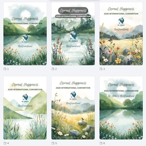 May include: A series of watercolour illustrations with the text "Eternal Happiness 2026 International Convention" and "St. John's Newfoundland." The images show tranquil scenes of mountains, water, and floral elements.