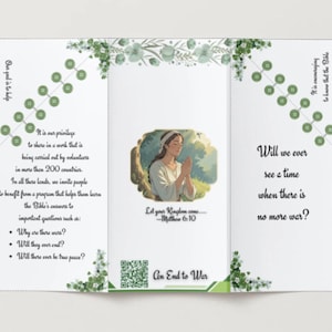 Könnte beinhalten: Eine weiße Broschüre mit grünen floralen Akzenten und Text. Die Broschüre zeigt eine Illustration einer betenden Person und den Text "Dein Reich komme... Matthäus 6:10." Die Broschüre fragt: "Werden wir jemals eine Zeit erleben, in der es keinen Krieg mehr gibt?"