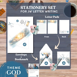 JW Letter Writing Stationery  Set with Envelope, Bookmarks & Bible Study QR Code | God Theme
