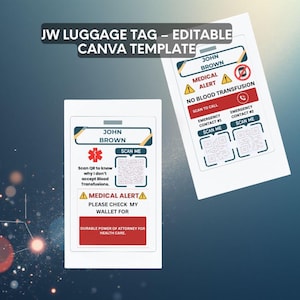 Editable JW Luggage Tag | Canva Template | Printable Luggage ID | DPA For Healthcare