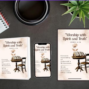 Puede incluir: Imagen que muestra un libro, un teléfono inteligente y una tableta, todos con el texto "Worship with Spirit and Truth" y Juan 4:24. Cada elemento presenta un diseño de mesa, silla y flor. El fondo es una superficie gris oscuro.