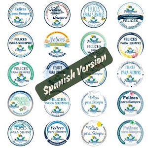 Könnte beinhalten: Eine Sammlung runder Aufkleber mit den Texten "Felices para Siempre" und "Panama" in verschiedenen Designs. Die Aufkleber weisen blaue, grüne und gelbe Akzente auf, einige enthalten florale oder Wellenmotive. Der Text "Testigos de Jehova" ist ebenfalls vorhanden.