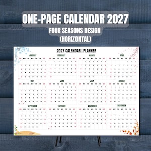 2027 Year at a Glance Printable | One Page Calendar Planner (PDF, PNG Download) - Four Seasons