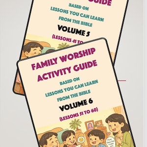 May include: Two activity guides titled "Family Worship Activity Guide" with the text "Based on Lessons You Can Learn From The Bible." Volume 5 and Volume 6 are visible. Volume 6 shows a family scene with children and adults.