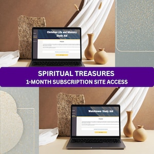 May include: A laptop displaying a website titled Christian Life and Ministry Study Aid and Watchtower Study Aid, with a purple banner reading SPIRITUAL TREASURES 1-MONTH SUBSCRIPTION SITE ACCESS. The screen shows text under a Purpose heading.