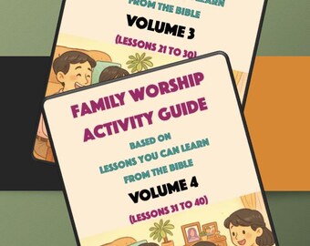 Könnte beinhalten: Zwei illustrierte Aktivitätsführer mit dem Titel "Family Worship Activity Guide" werden angezeigt. Band 3 behandelt die Lektionen 21-30 und Band 4 die Lektionen 31-40. Die Führer basieren auf Lektionen aus der Bibel. Das Bild enthält einen Cartoon einer Familie.