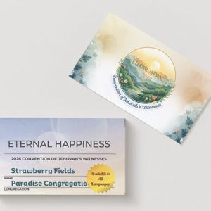 Op de afbeelding: Twee rechthoekige kaarten met de tekst ETERNAL HAPPINESS 2026 CONVENTION OF JEHOVAH'S WITNESSES. Eén kaart toont een landschapsillustratie met een zon, heuvels en bloemen. De andere kaart bevat velden voor naam en gemeente.