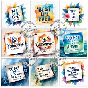 May include: A collection of watercolor-style square prints with inspirational quotes. The prints feature phrases like "Best Life Ever," "Be Courageous," and "Do Not Be Afraid," each set against colorful backgrounds with floral and abstract designs.