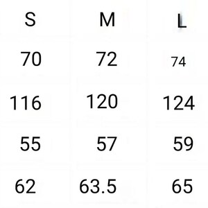 May include: A white chart with black text detailing dress measurements. Sizes S, M, L, and XL are listed. Measurements include dress length (70-76), bust (116-128), shoulder width (55-61), and sleeve length (62-66.5).