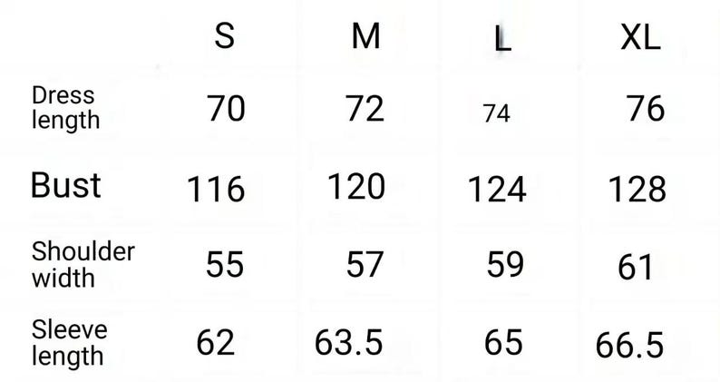 May include: A white chart with black text detailing dress measurements. Sizes S, M, L, and XL are listed. Measurements include dress length (70-76), bust (116-128), shoulder width (55-61), and sleeve length (62-66.5).