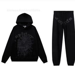 Unisex Black Tracksuit Set – Matching Hoodie & Sweatpants with Grey Print – Streetwear Pullover Loungewear Outfit, Gift for Him Her
