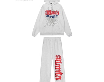 Handmade Unisex Cozy White Zip up Tracksuit Set Streetwear Hoodie & Sweatpant