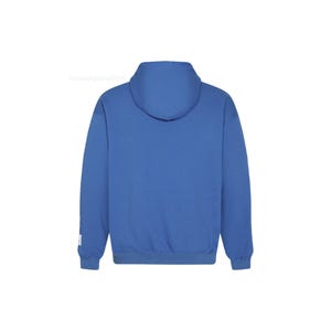 May include: A solid blue hoodie with a hood and long sleeves. The back view of the sweatshirt is shown, with a small white tag on the left sleeve. The hoodie is made of a soft material.