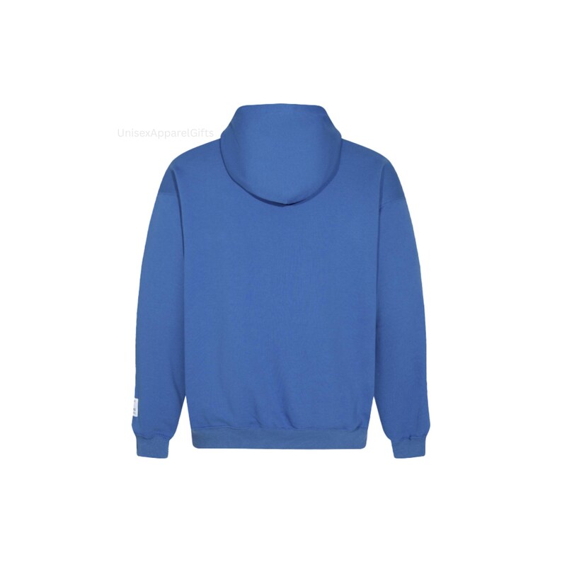 May include: A solid blue hoodie with a hood and long sleeves. The back view of the sweatshirt is shown, with a small white tag on the left sleeve. The hoodie is made of a soft material.