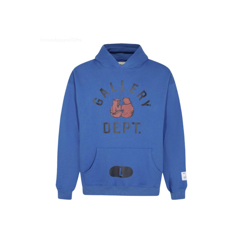 May include: A blue hoodie with a front pocket and a hood. The front of the hoodie features the text "GALLERY DEPT." above a graphic of two boxing gloves. Below the text is the word "DEPT." and a black "L" size tag.