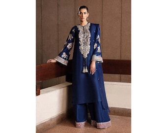 Vestido pakistaní de seda cruda hecho a mano: Shalwar Kameez bordado con dupatta de organza