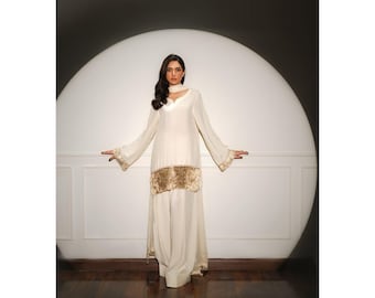 Seide Farshi Shalwar Anzug mit Kiran Spitze, Pakistanische Indische Asiatische Abendkleidung