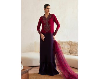 Hand embellished double tone raw silk party wear dress