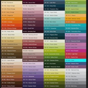 May include: A color chart featuring a wide array of paint colors, each labeled with a unique code. The chart displays various shades, including yellows, greens, blues, reds, and violets, ideal for interior design or art projects.