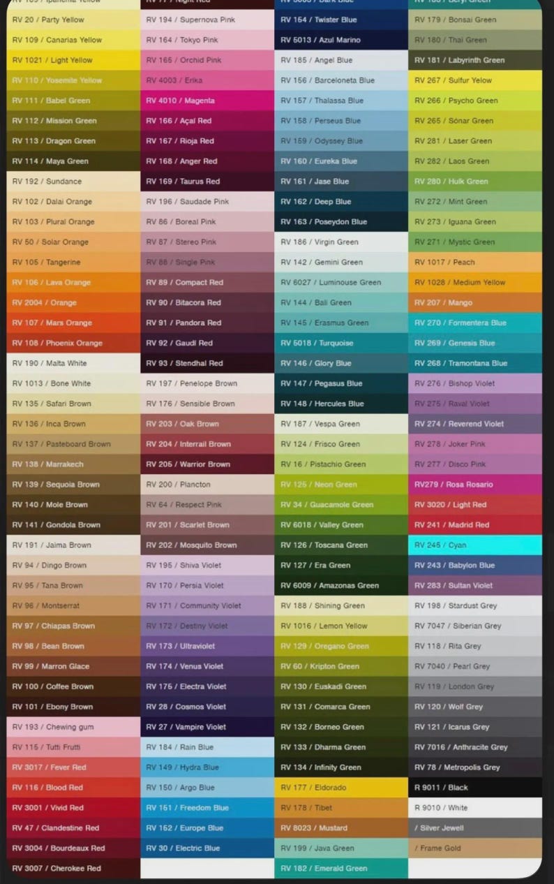 May include: A color chart featuring a wide array of paint colors, each labeled with a unique code. The chart displays various shades, including yellows, greens, blues, reds, and violets, ideal for interior design or art projects.