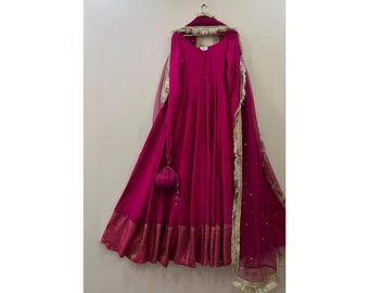 Abito lungo in seta burro con dupatta in pizzo a rete, abito da festa pakistano-indiano