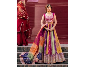 purple and orange mehndi dresses Multi Shades Lehenga Choli Mehndi Dress Embroidered Indian Pakistani Wedding  Outfits
