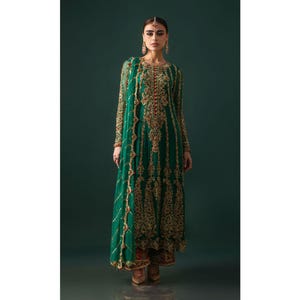 green emerald velvet dress Emerald Green Net Embroidered 3pc Sharara Dress with Handwork by SILVE –  The Zaibai main image 1