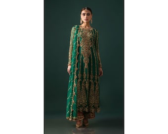 net bottle green pakistani dresses Bottle Green Pakistani Dress with Embroidery Online 2022 MEDIUM