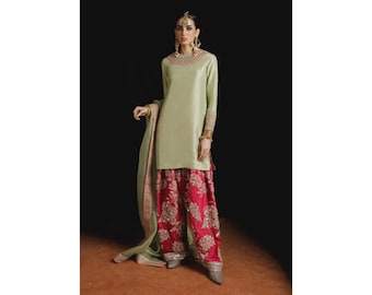 Vestido pakistaní de seda hecho a mano: Shalwar Kameez bordado con dupatta de organza