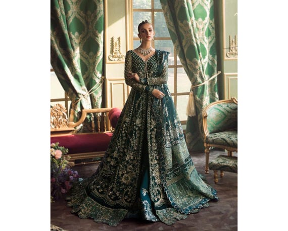 dark green nikkah dress Teal Handmade Wedding Gown Mehndi Dress: Pakistani Indian Bridal Guest Outfits Sexy Beach Dresses Boho Color:Glass elegant nikkah dresses Message1:FB0808:30% Off Code: LDW26