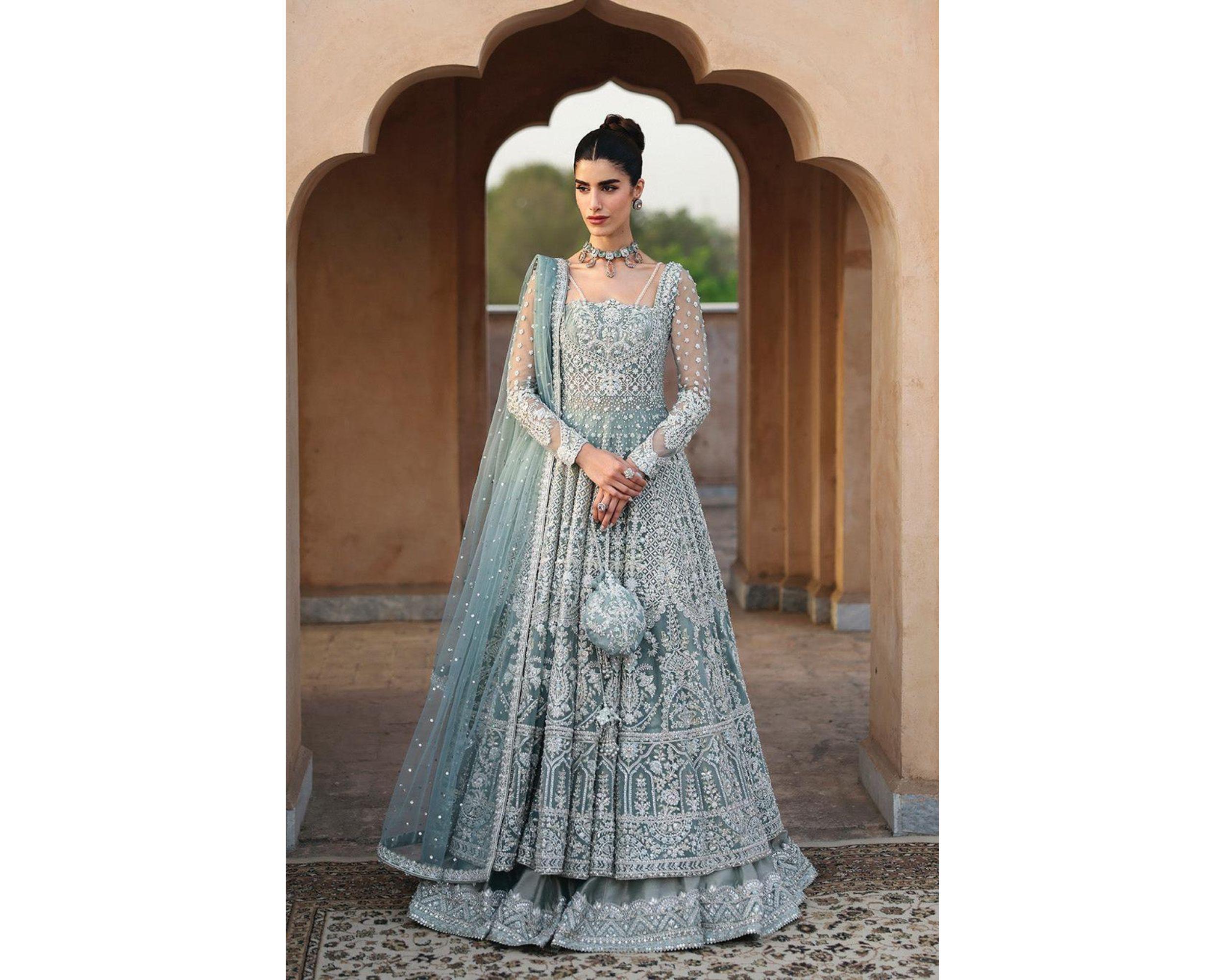 green emerald velvet dress Blue Sharara Kameez Dupatta Pakistani Wedding Dress  Nameera by Farooq