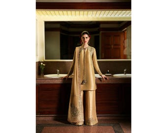 Hand Embellished tussle silk dress with embroidered chiffon dupatta, Pakistani Indian Formal Dress
