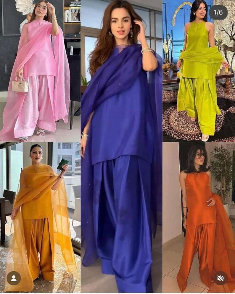 K&ouml;nnte beinhalten: Eine Auswahl an farbenfrohen Salwar-Kameez-Outfits. Jedes Outfit besteht aus einem Oberteil, einer weiten Hose und einem transparenten Schal. Die Farben sind Rosa, Blau, Gelb, Gr&uuml;n und Orange. Die Kleidung ist aus einem gl&auml;nzenden, seidigen Stoff gefertigt.