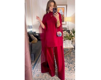 Rohe Seide oder Shamose Seide Farshi Shalwar Kameez: Indisch Pakistanisches Outfit mit Organza Dupatta