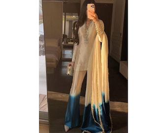 Ombre Tussle Seidenhemd und Schlaghose Set | Festliches Pakistani Indianer Outfit