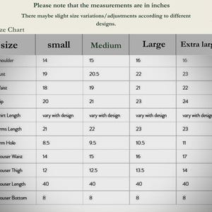 May include: Size chart for clothing, with measurements in inches. Includes shoulder, bust, waist, hip, shirt length, arm length, arm hole, trouser waist, thigh, length, and bottom measurements for sizes small, medium, large, and extra large.