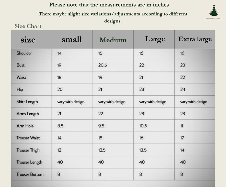 May include: Size chart for clothing, with measurements in inches. Includes shoulder, bust, waist, hip, shirt length, arm length, arm hole, trouser waist, thigh, length, and bottom measurements for sizes small, medium, large, and extra large.